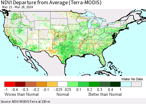 United States NDVI Departure from Average (Terra-MODIS) Thematic Map For 3/21/2024 - 3/28/2024