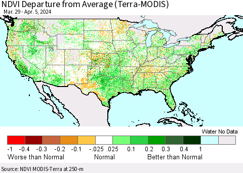 United States NDVI Departure from Average (Terra-MODIS) Thematic Map For 3/29/2024 - 4/5/2024