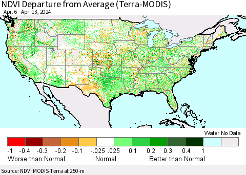 United States NDVI Departure from Average (Terra-MODIS) Thematic Map For 4/6/2024 - 4/13/2024