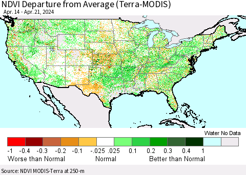United States NDVI Departure from Average (Terra-MODIS) Thematic Map For 4/14/2024 - 4/21/2024