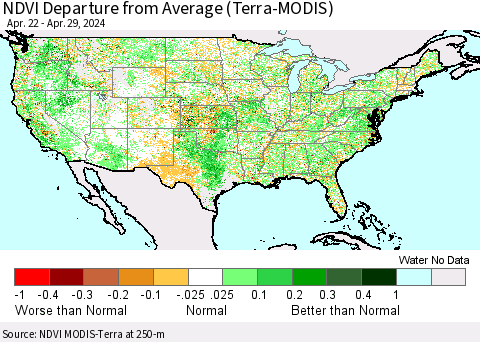 United States NDVI Departure from Average (Terra-MODIS) Thematic Map For 4/22/2024 - 4/29/2024