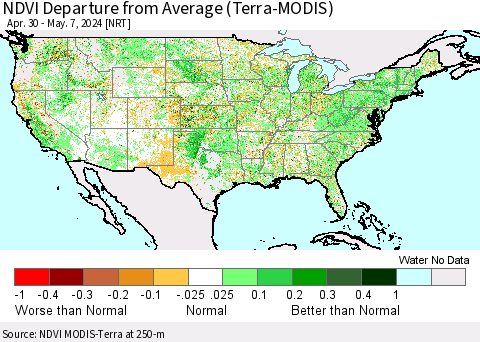 United States NDVI Departure from Average (Terra-MODIS) Thematic Map For 4/30/2024 - 5/7/2024