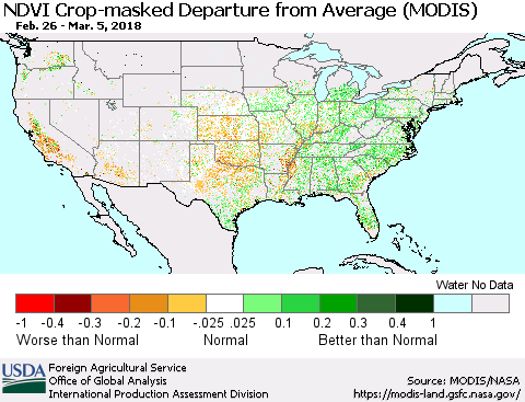 United States Cropland NDVI Departure from Average (Terra-MODIS) Thematic Map For 3/1/2018 - 3/10/2018