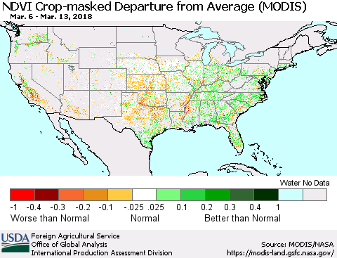 United States Cropland NDVI Departure from Average (Terra-MODIS) Thematic Map For 3/11/2018 - 3/20/2018