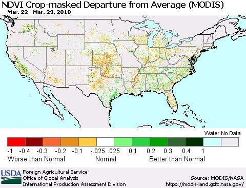 United States Cropland NDVI Departure from Average (Terra-MODIS) Thematic Map For 3/21/2018 - 3/31/2018