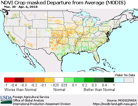 United States Cropland NDVI Departure from Average (Terra-MODIS) Thematic Map For 4/1/2018 - 4/10/2018