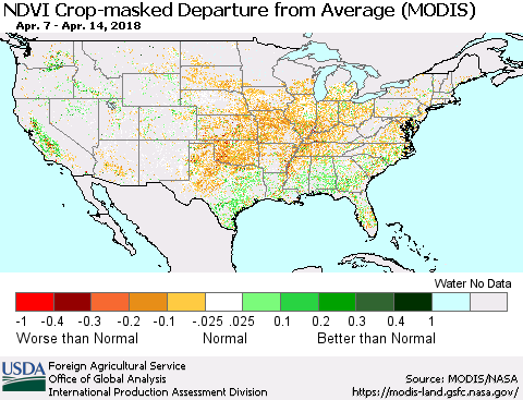 United States Cropland NDVI Departure from Average (Terra-MODIS) Thematic Map For 4/11/2018 - 4/20/2018