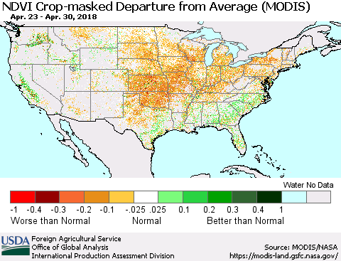 United States Cropland NDVI Departure from Average (Terra-MODIS) Thematic Map For 4/21/2018 - 4/30/2018
