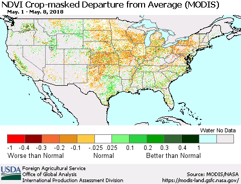 United States Cropland NDVI Departure from Average (Terra-MODIS) Thematic Map For 5/1/2018 - 5/10/2018