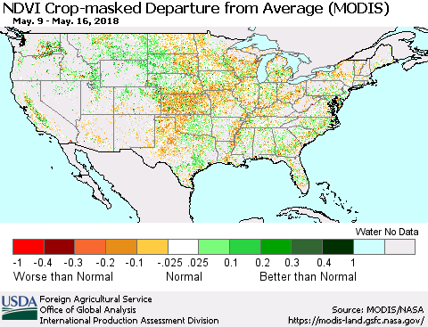 United States Cropland NDVI Departure from Average (Terra-MODIS) Thematic Map For 5/11/2018 - 5/20/2018