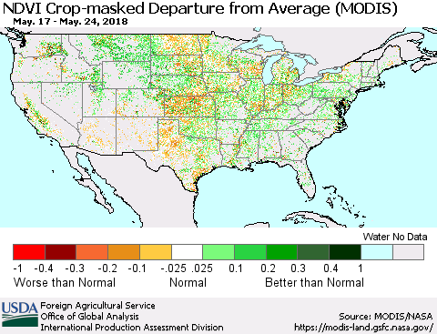 United States Cropland NDVI Departure from Average (Terra-MODIS) Thematic Map For 5/21/2018 - 5/31/2018