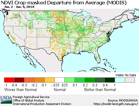 United States Cropland NDVI Departure from Average (Terra-MODIS) Thematic Map For 6/1/2018 - 6/10/2018