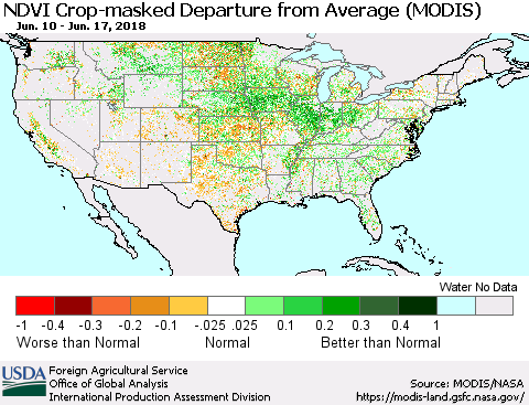 United States Cropland NDVI Departure from Average (Terra-MODIS) Thematic Map For 6/11/2018 - 6/20/2018