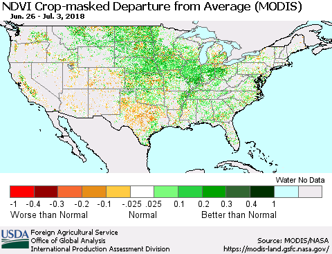 United States Cropland NDVI Departure from Average (Terra-MODIS) Thematic Map For 7/1/2018 - 7/10/2018
