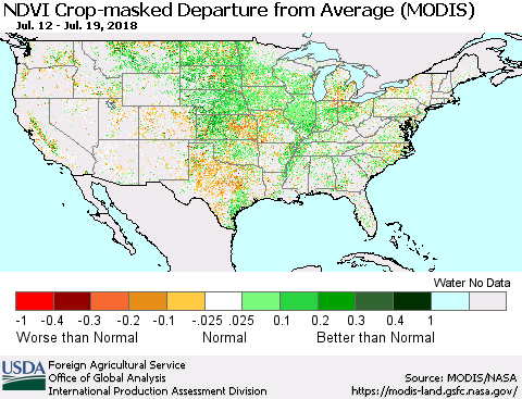 United States Cropland NDVI Departure from Average (Terra-MODIS) Thematic Map For 7/11/2018 - 7/20/2018
