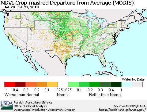 United States Cropland NDVI Departure from Average (Terra-MODIS) Thematic Map For 7/21/2018 - 7/31/2018
