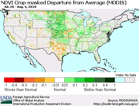 United States Cropland NDVI Departure from Average (Terra-MODIS) Thematic Map For 8/1/2018 - 8/10/2018