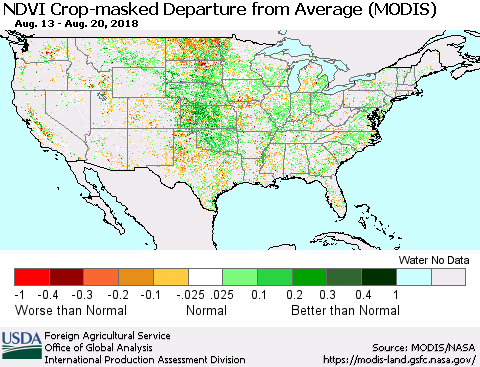 United States Cropland NDVI Departure from Average (Terra-MODIS) Thematic Map For 8/11/2018 - 8/20/2018