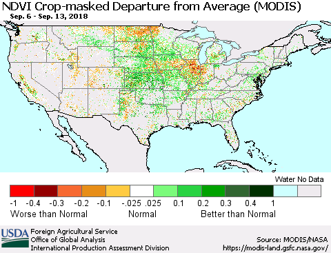 United States Cropland NDVI Departure from Average (Terra-MODIS) Thematic Map For 9/11/2018 - 9/20/2018