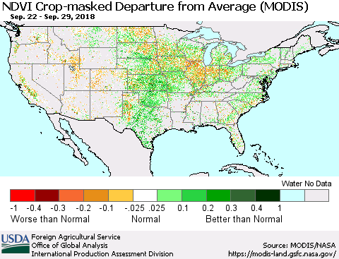 United States Cropland NDVI Departure from Average (Terra-MODIS) Thematic Map For 9/21/2018 - 9/30/2018
