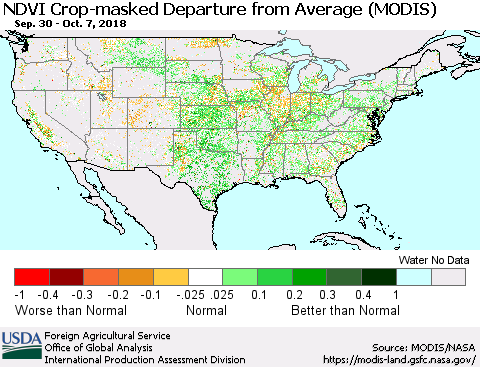 United States Cropland NDVI Departure from Average (Terra-MODIS) Thematic Map For 10/1/2018 - 10/10/2018