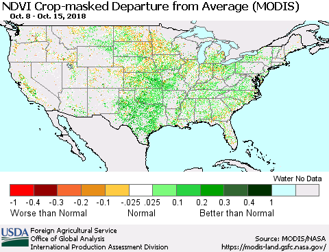 United States Cropland NDVI Departure from Average (Terra-MODIS) Thematic Map For 10/11/2018 - 10/20/2018