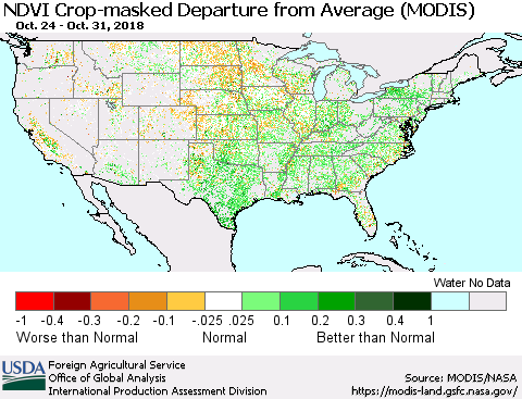 United States Cropland NDVI Departure from Average (Terra-MODIS) Thematic Map For 10/21/2018 - 10/31/2018