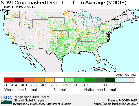 United States Cropland NDVI Departure from Average (Terra-MODIS) Thematic Map For 11/1/2018 - 11/10/2018