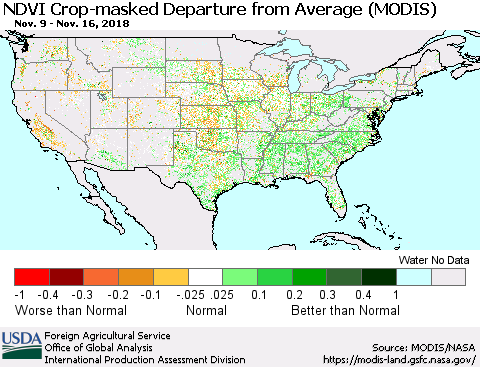 United States Cropland NDVI Departure from Average (Terra-MODIS) Thematic Map For 11/11/2018 - 11/20/2018