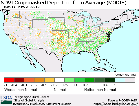 United States Cropland NDVI Departure from Average (Terra-MODIS) Thematic Map For 11/21/2018 - 11/30/2018