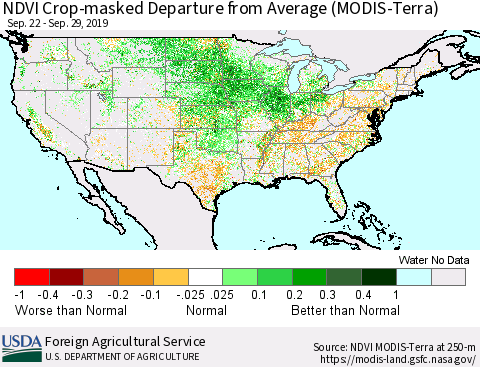 United States Cropland NDVI Departure from Average (Terra-MODIS) Thematic Map For 9/21/2019 - 9/30/2019