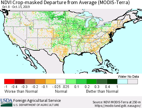 United States Cropland NDVI Departure from Average (Terra-MODIS) Thematic Map For 10/11/2019 - 10/20/2019