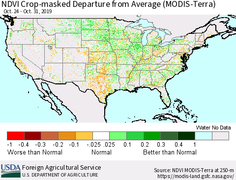 United States Cropland NDVI Departure from Average (Terra-MODIS) Thematic Map For 10/21/2019 - 10/31/2019