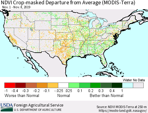 United States Cropland NDVI Departure from Average (Terra-MODIS) Thematic Map For 11/1/2019 - 11/10/2019