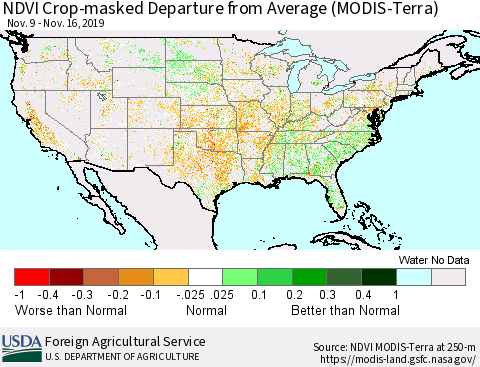 United States Cropland NDVI Departure from Average (Terra-MODIS) Thematic Map For 11/11/2019 - 11/20/2019