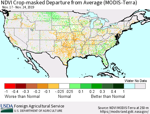 United States Cropland NDVI Departure from Average (Terra-MODIS) Thematic Map For 11/21/2019 - 11/30/2019