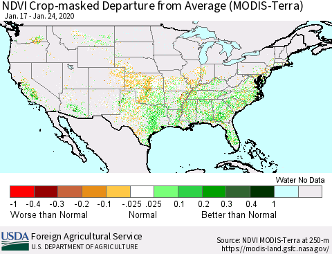 United States Cropland NDVI Departure from Average (Terra-MODIS) Thematic Map For 1/21/2020 - 1/31/2020