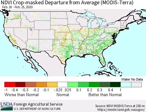 United States Cropland NDVI Departure from Average (Terra-MODIS) Thematic Map For 2/21/2020 - 2/29/2020