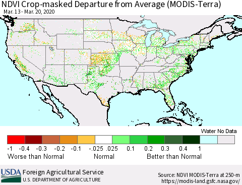 United States Cropland NDVI Departure from Average (Terra-MODIS) Thematic Map For 3/11/2020 - 3/20/2020