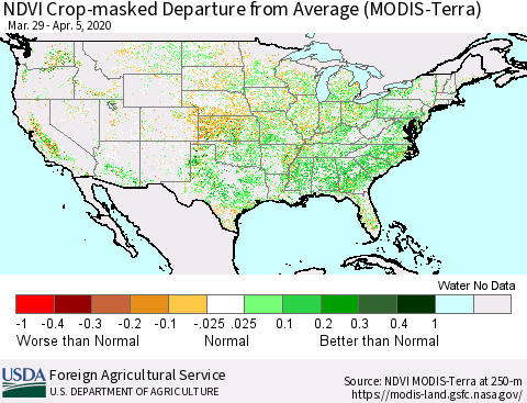 United States Cropland NDVI Departure from Average (Terra-MODIS) Thematic Map For 4/1/2020 - 4/10/2020