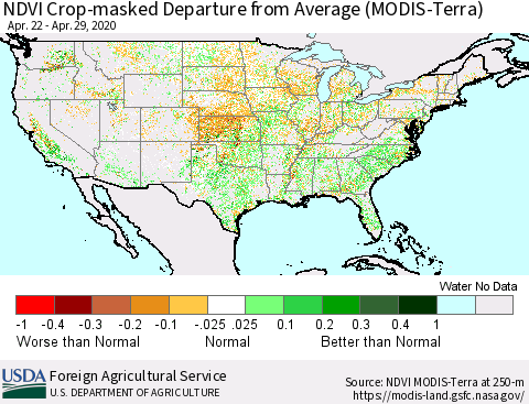 United States Cropland NDVI Departure from Average (Terra-MODIS) Thematic Map For 4/21/2020 - 4/30/2020