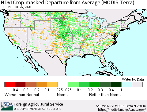United States Cropland NDVI Departure from Average (Terra-MODIS) Thematic Map For 7/21/2020 - 7/31/2020