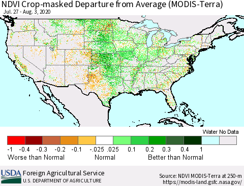 United States Cropland NDVI Departure from Average (Terra-MODIS) Thematic Map For 8/1/2020 - 8/10/2020