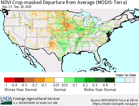 United States Cropland NDVI Departure from Average (Terra-MODIS) Thematic Map For 9/11/2020 - 9/20/2020