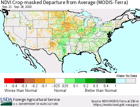 United States Cropland NDVI Departure from Average (Terra-MODIS) Thematic Map For 9/21/2020 - 9/30/2020