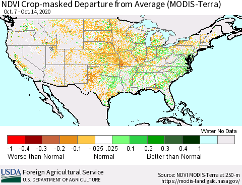 United States NDVI Crop-masked Departure from Average (MODIS-Terra) Thematic Map For 10/11/2020 - 10/20/2020