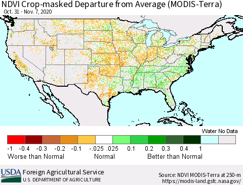 United States NDVI Crop-masked Departure from Average (MODIS-Terra) Thematic Map For 11/1/2020 - 11/10/2020