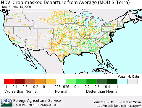 United States NDVI Crop-masked Departure from Average (MODIS-Terra) Thematic Map For 11/11/2020 - 11/20/2020