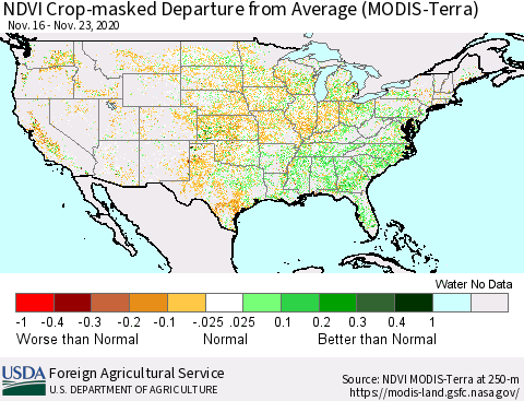 United States Cropland NDVI Departure from Average (Terra-MODIS) Thematic Map For 11/21/2020 - 11/30/2020