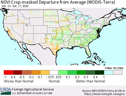United States NDVI Crop-masked Departure from Average (MODIS-Terra) Thematic Map For 12/11/2020 - 12/20/2020